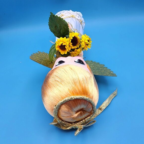 1960s Angel Tree Topper Sockinette Big Eyes Sunflower Bouquet Gold Wings Halo - Picture 8 of 12